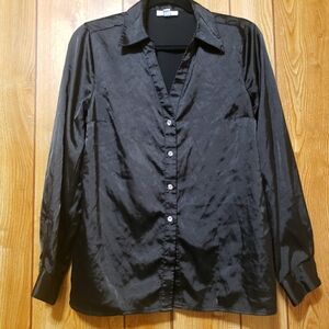Fashion Bug Womens Blouse Size Medium Black Satin-y
